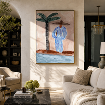 Blue Stripes Meet the Shore - Palm and Striped Beach Figure painting by Claire Whitmore, modern coastal vertical wall art – styled room scene view 4