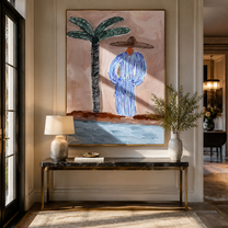 Blue Stripes Meet the Shore - Palm and Striped Beach Figure painting by Claire Whitmore, modern coastal vertical wall art – styled room scene view 5