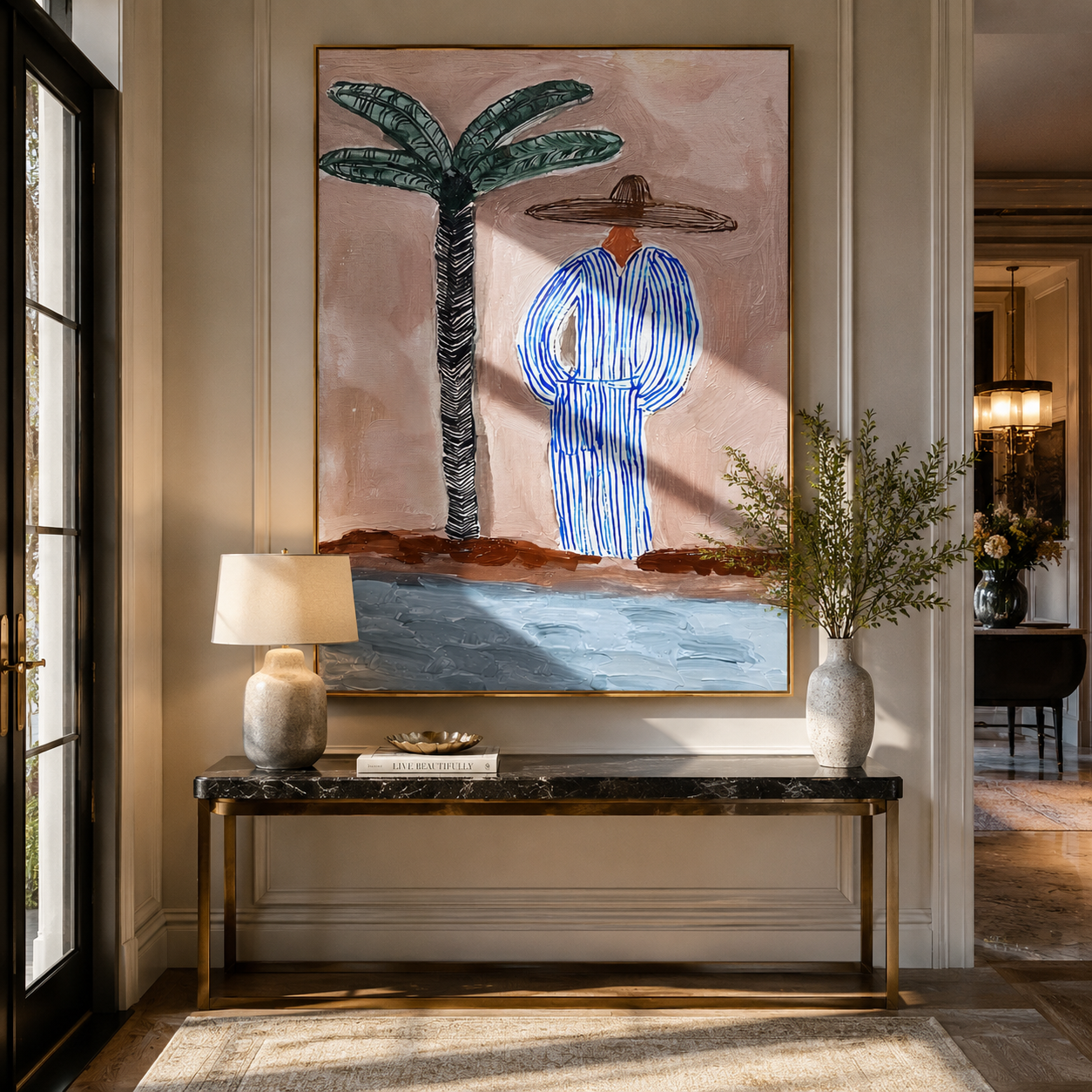 Blue Stripes Meet the Shore - Palm and Striped Beach Figure painting by Claire Whitmore, modern coastal vertical wall art – styled room scene view 5