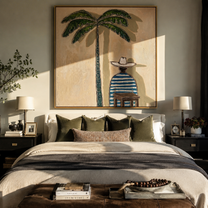 Palm Shade Waits at Noon - Seated Striped Beach Figure painting by Claire Whitmore, modern coastal square wall art – styled room scene view 1
