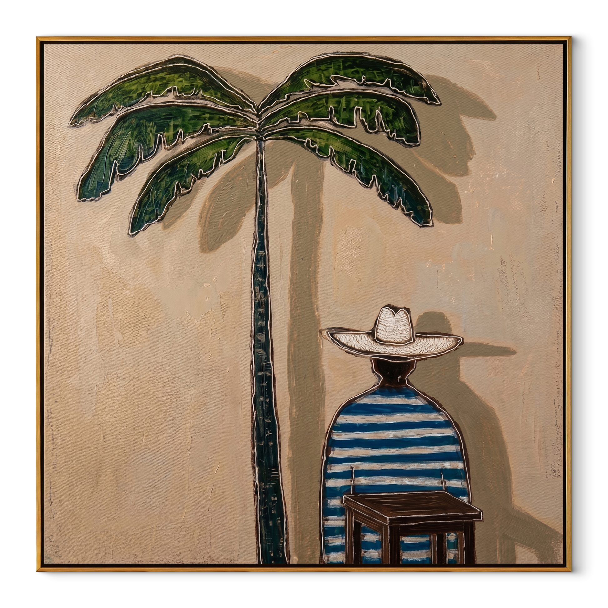Palm Shade Waits at Noon - Seated Striped Beach Figure painting by Claire Whitmore, modern coastal square wall art – wood frame on white background