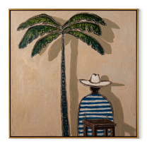 Palm Shade Waits at Noon - Seated Striped Beach Figure painting by Claire Whitmore, modern coastal square wall art – wood frame on white background