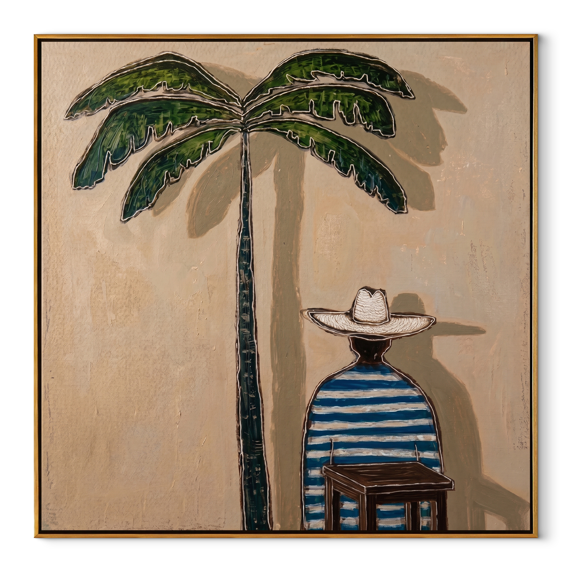 Palm Shade Waits at Noon - Seated Striped Beach Figure painting by Claire Whitmore, modern coastal square wall art – wood frame on white background