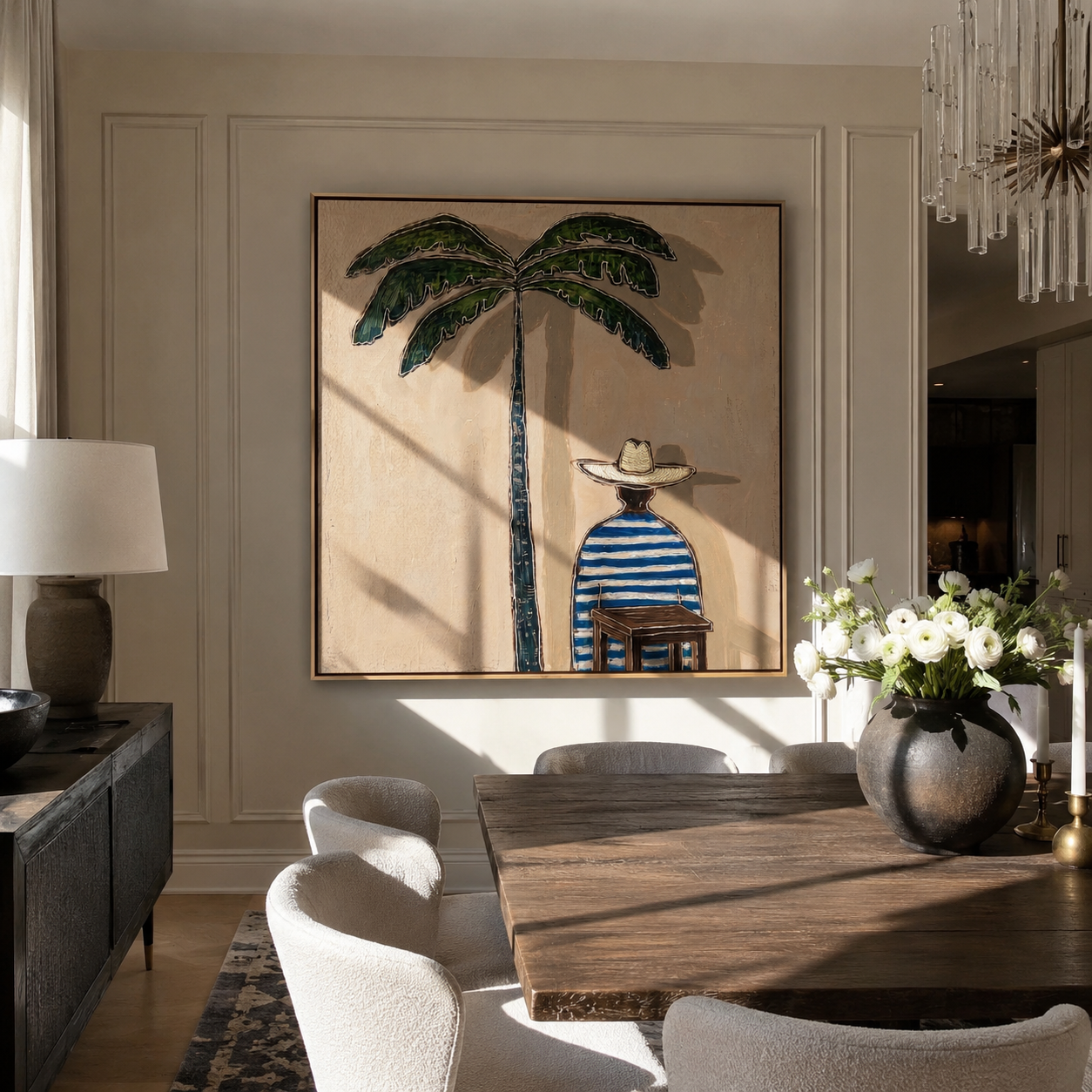 Palm Shade Waits at Noon - Seated Striped Beach Figure painting by Claire Whitmore, modern coastal square wall art – styled room scene view 2
