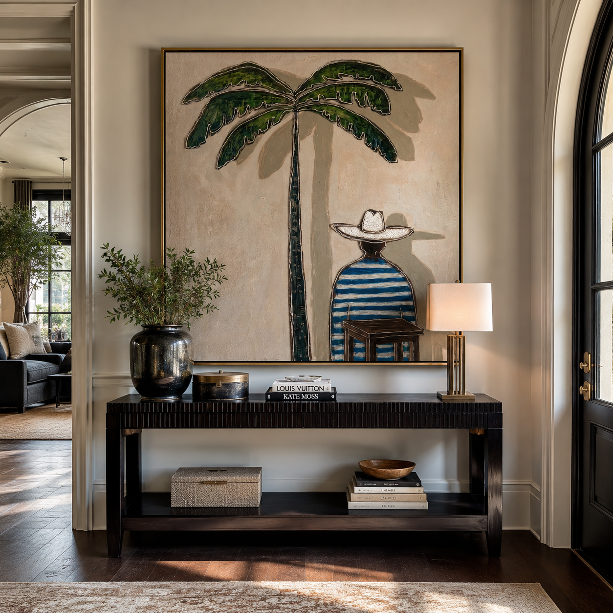 Palm Shade Waits at Noon - Seated Striped Beach Figure painting by Claire Whitmore, modern coastal square wall art – styled room scene view 3