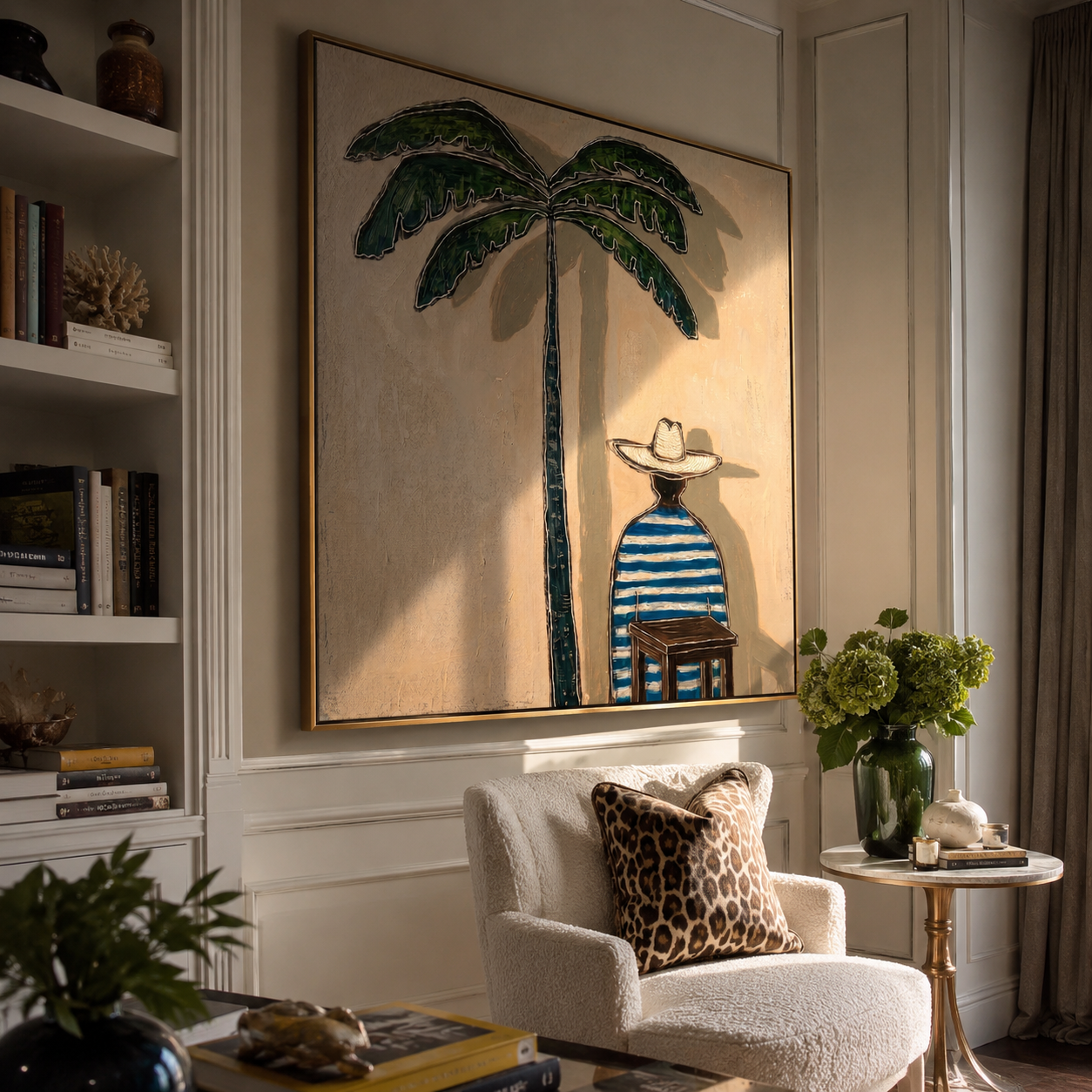 Palm Shade Waits at Noon - Seated Striped Beach Figure painting by Claire Whitmore, modern coastal square wall art – styled room scene view 4