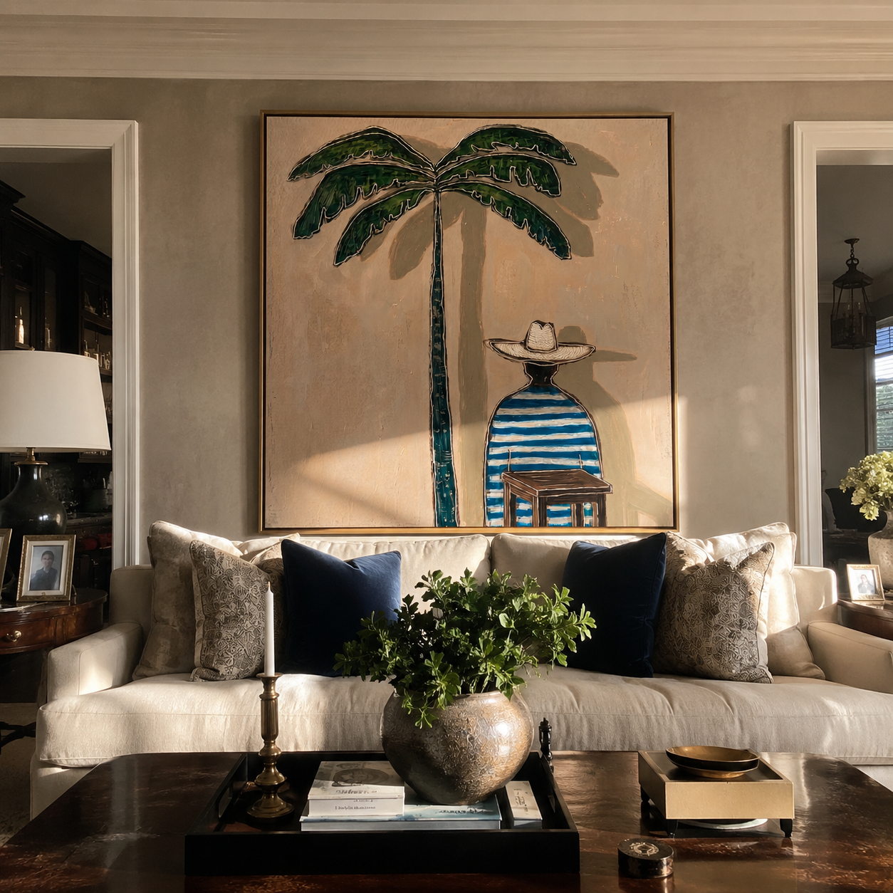 Palm Shade Waits at Noon - Seated Striped Beach Figure painting by Claire Whitmore, modern coastal square wall art – styled room scene view 5