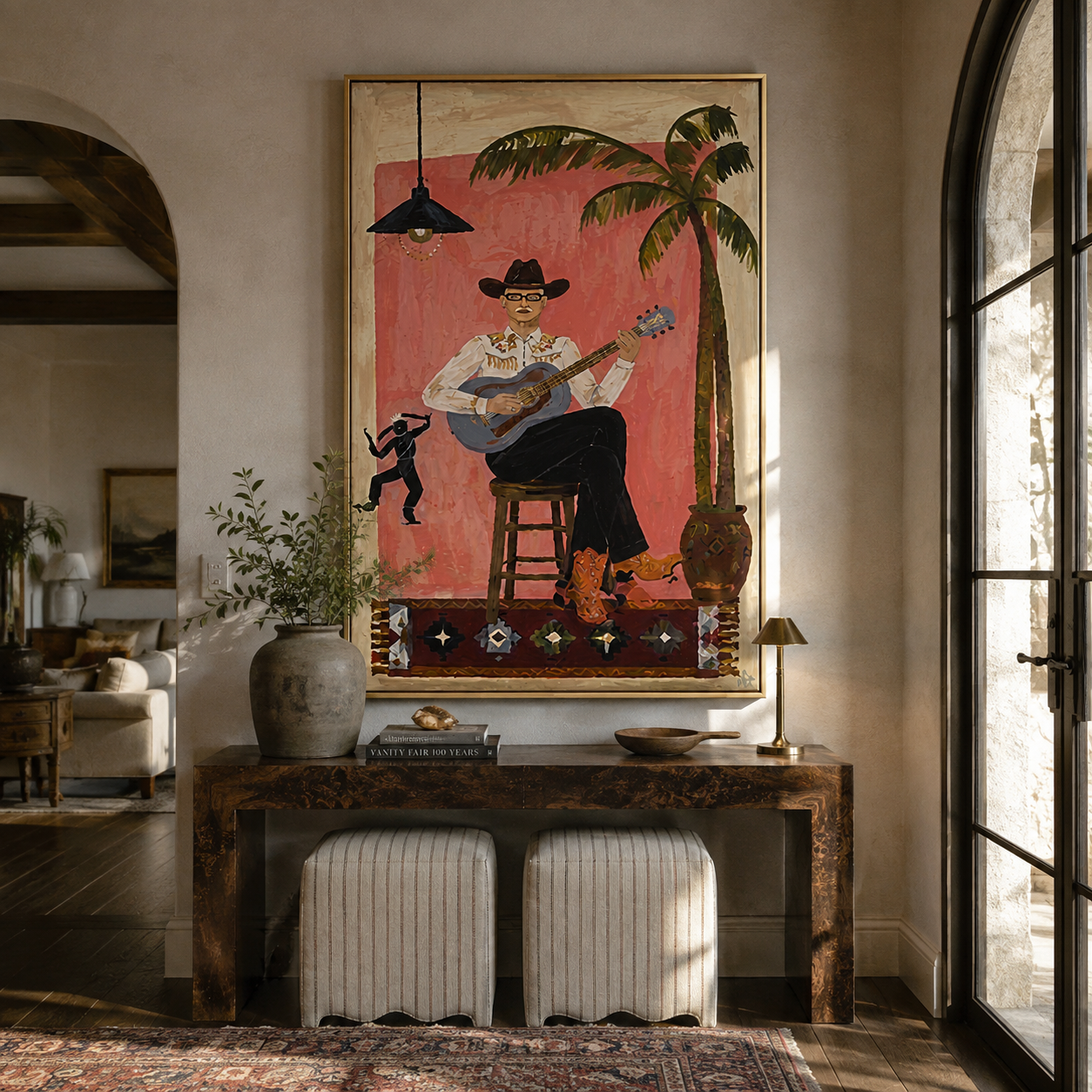Island Songs Warm the Evening - Tropical Guitar Player painting by Claire Whitmore, modern coastal vertical wall art – styled room scene view 1
