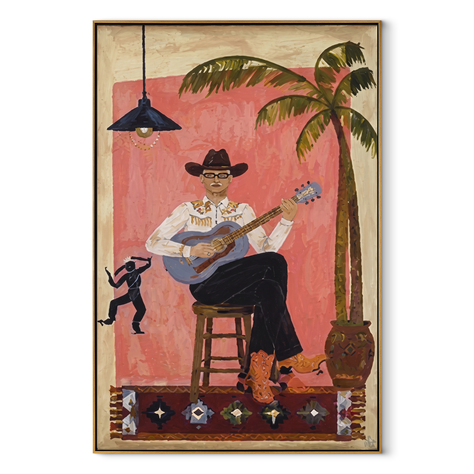 Island Songs Warm the Evening - Tropical Guitar Player painting by Claire Whitmore, modern coastal vertical wall art – wood frame on white background