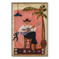 Island Songs Warm the Evening - Tropical Guitar Player painting by Claire Whitmore, modern coastal vertical wall art – wood frame on white background