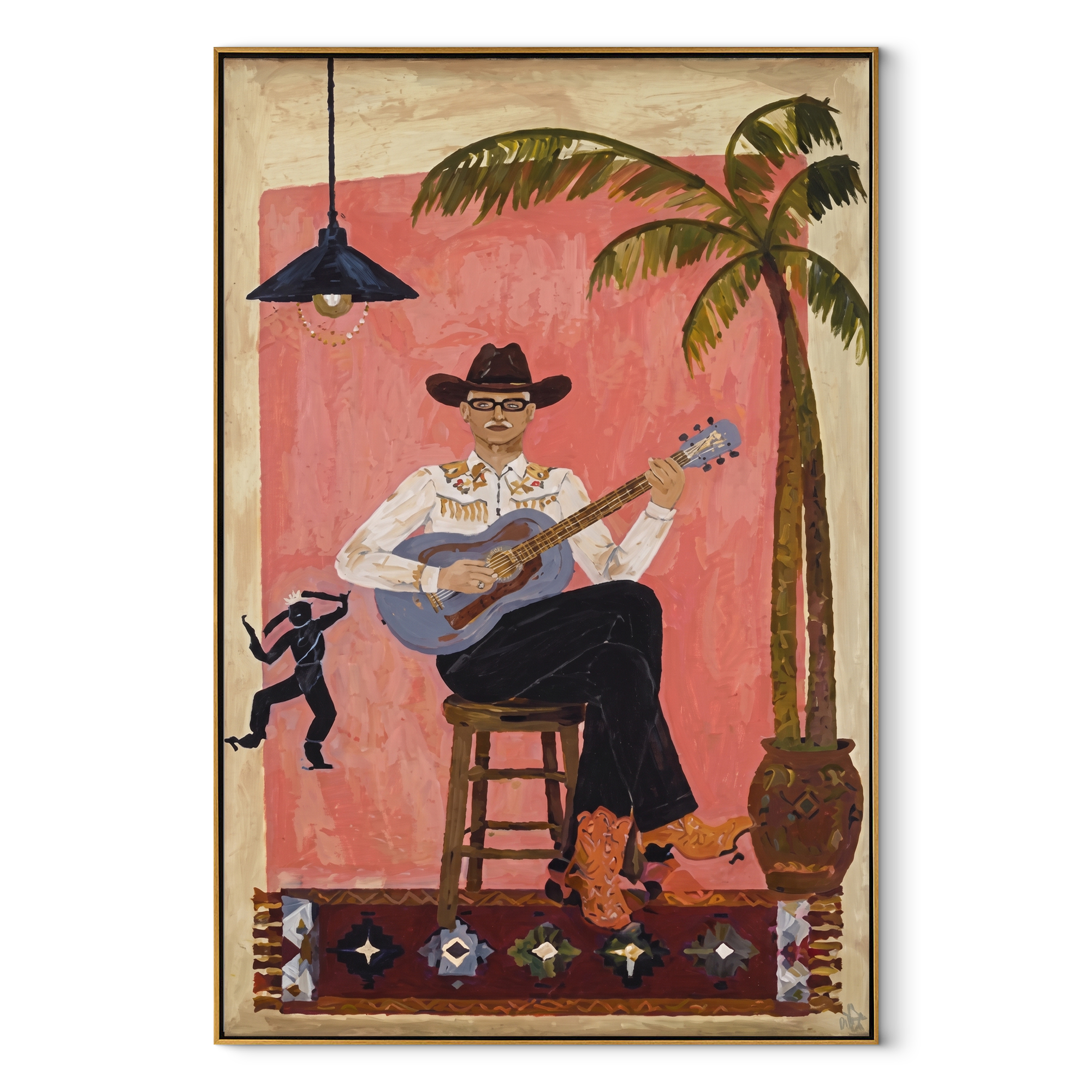 Island Songs Warm the Evening - Tropical Guitar Player painting by Claire Whitmore, modern coastal vertical wall art – wood frame on white background