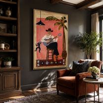 Island Songs Warm the Evening - Tropical Guitar Player painting by Claire Whitmore, modern coastal vertical wall art – styled room scene view 2