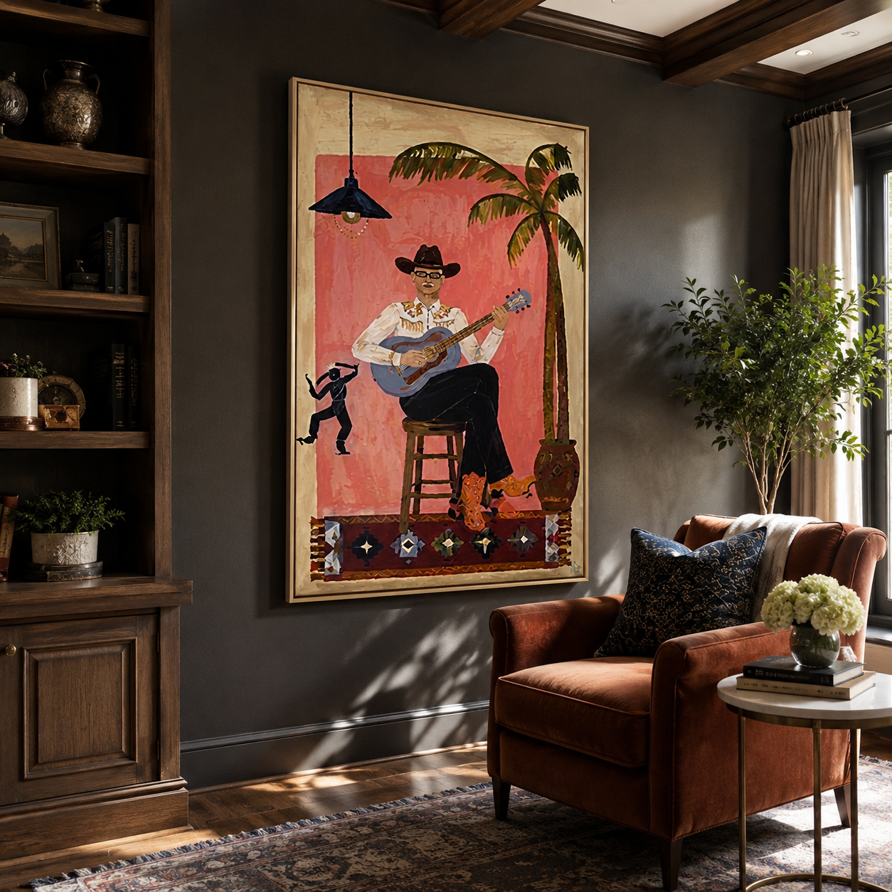 Island Songs Warm the Evening - Tropical Guitar Player painting by Claire Whitmore, modern coastal vertical wall art – styled room scene view 2