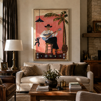 Island Songs Warm the Evening - Tropical Guitar Player painting by Claire Whitmore, modern coastal vertical wall art – styled room scene view 3