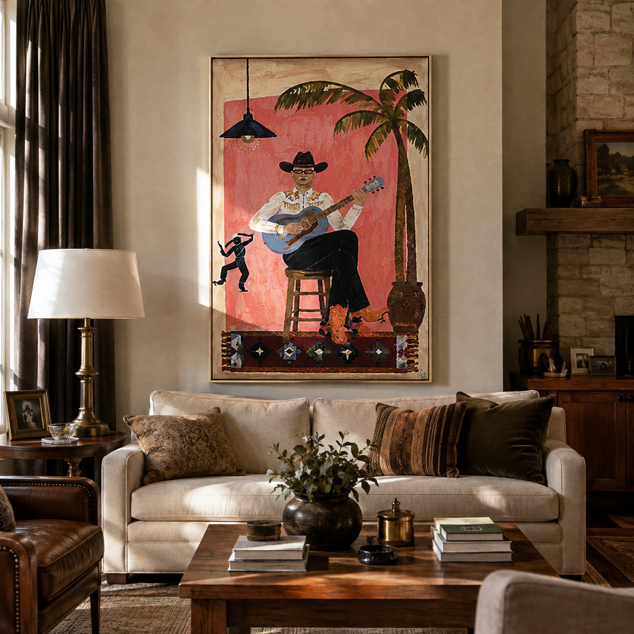 Island Songs Warm the Evening - Tropical Guitar Player painting by Claire Whitmore, modern coastal vertical wall art – styled room scene view 3