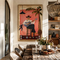 Island Songs Warm the Evening - Tropical Guitar Player painting by Claire Whitmore, modern coastal vertical wall art – styled room scene view 4