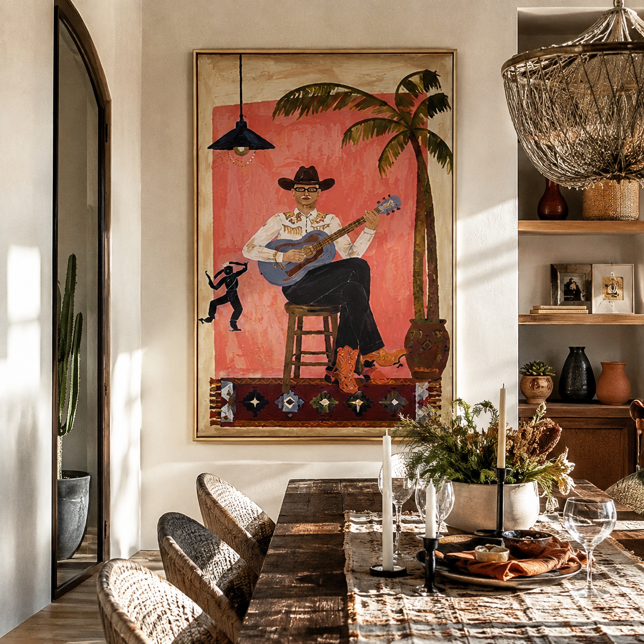 Island Songs Warm the Evening - Tropical Guitar Player painting by Claire Whitmore, modern coastal vertical wall art – styled room scene view 4