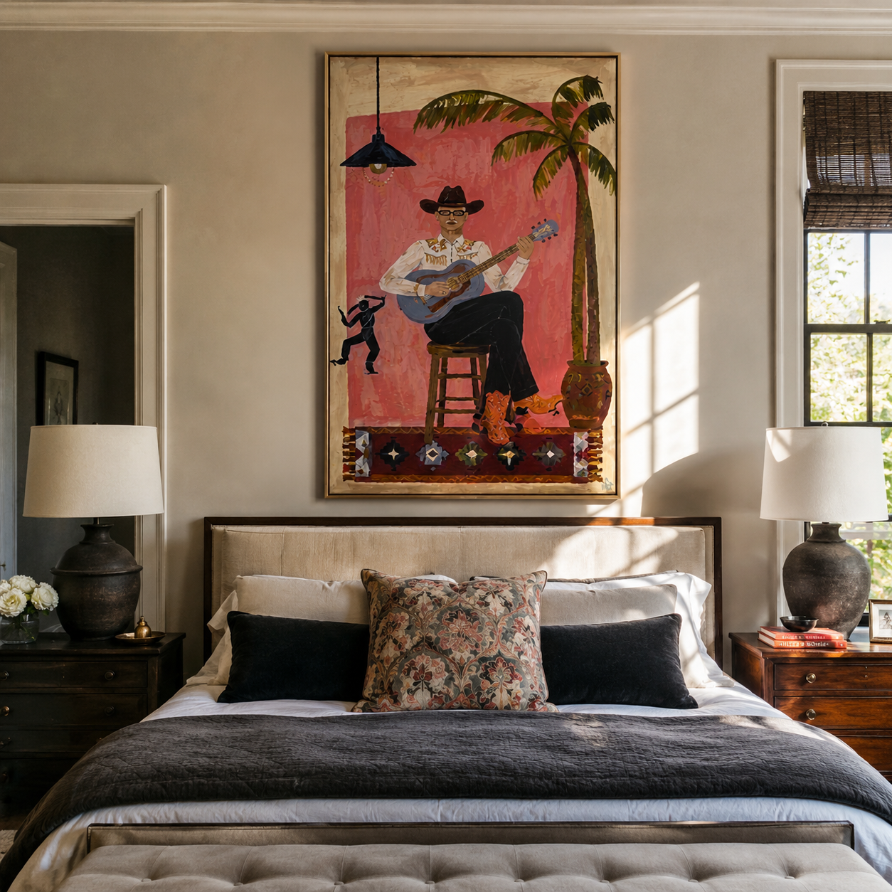 Island Songs Warm the Evening - Tropical Guitar Player painting by Claire Whitmore, modern coastal vertical wall art – styled room scene view 5