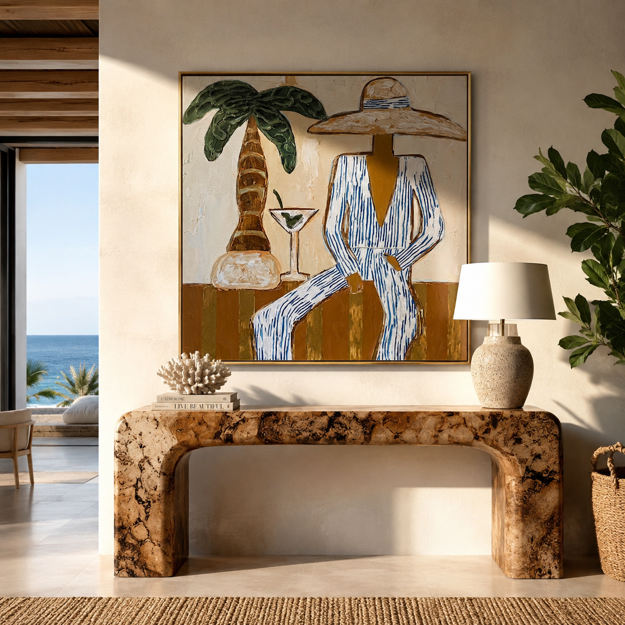 Martini Shade Holds Her Gaze - Striped Resort Woman with Palm painting by Claire Whitmore, modern coastal square wall art – styled room scene view 1