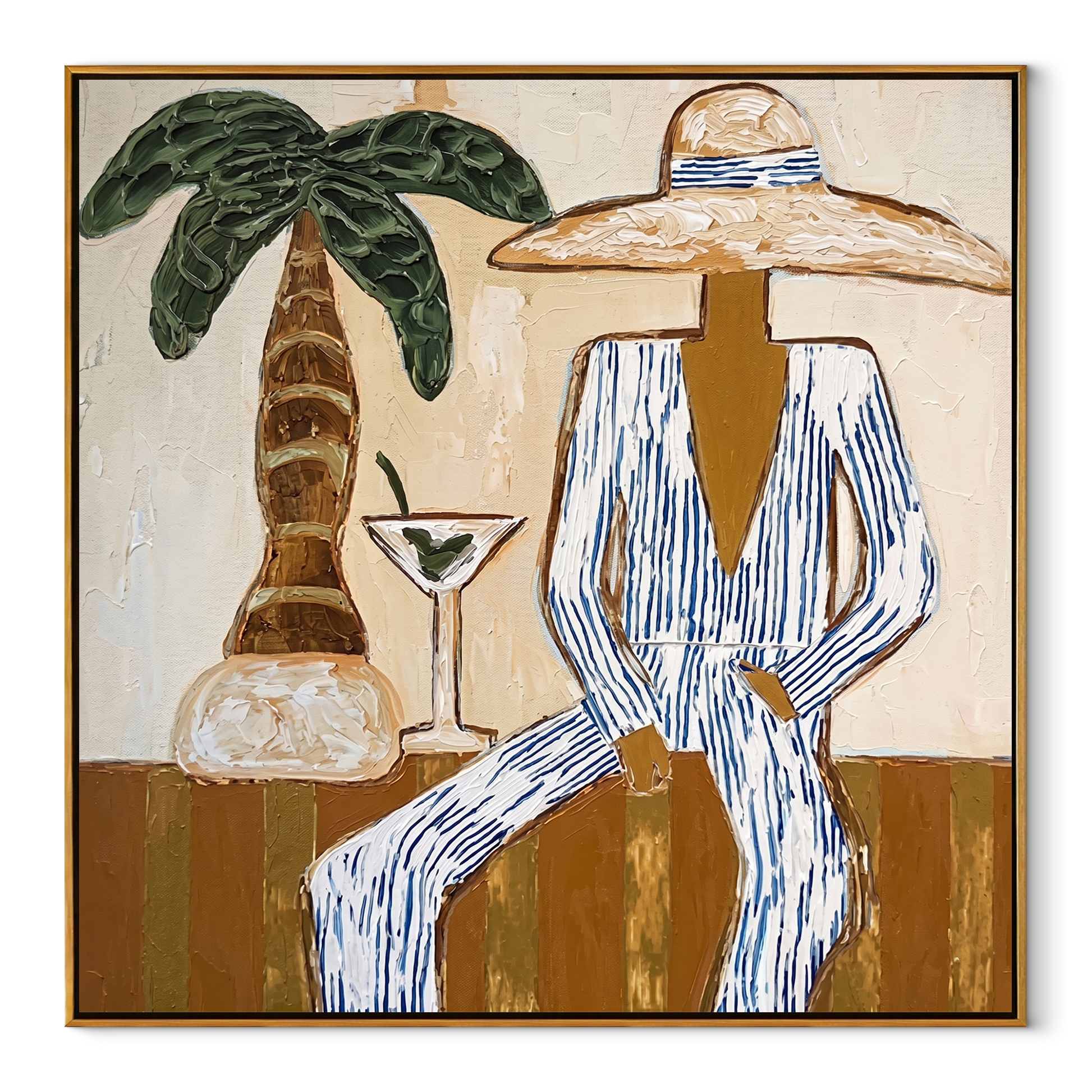 Martini Shade Holds Her Gaze - Striped Resort Woman with Palm painting by Claire Whitmore, modern coastal square wall art – wood frame on white background