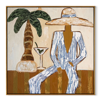 Martini Shade Holds Her Gaze - Striped Resort Woman with Palm painting by Claire Whitmore, modern coastal square wall art – wood frame on white background