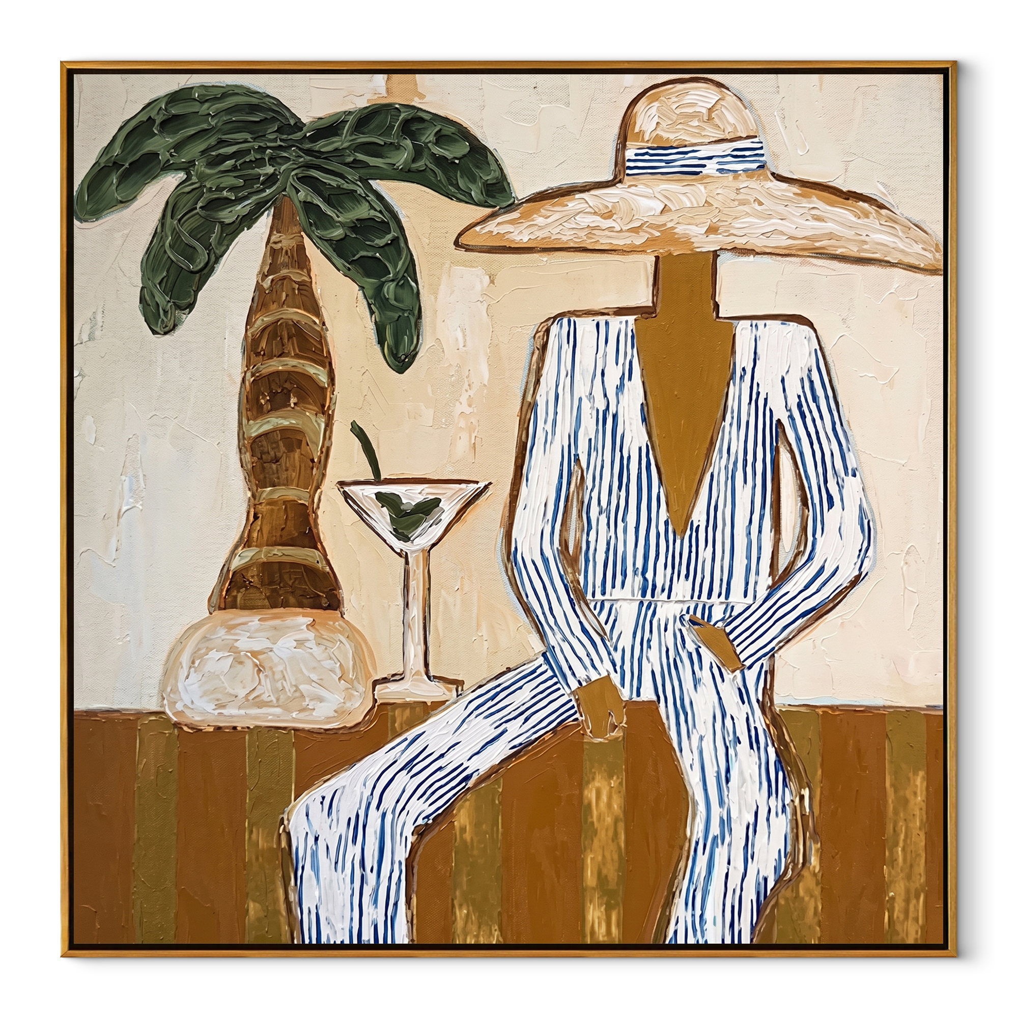 Martini Shade Holds Her Gaze - Striped Resort Woman with Palm painting by Claire Whitmore, modern coastal square wall art – wood frame on white background