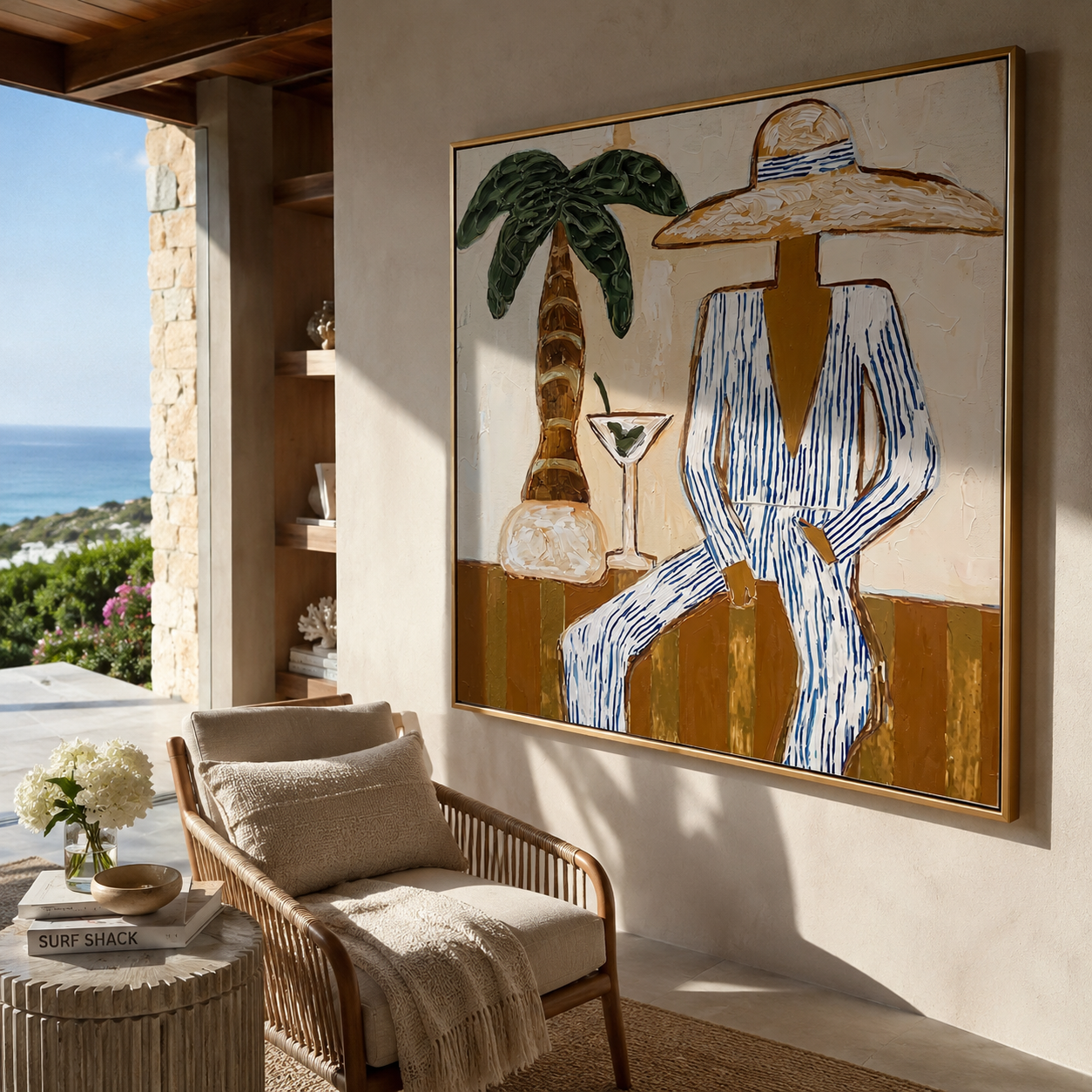 Martini Shade Holds Her Gaze - Striped Resort Woman with Palm painting by Claire Whitmore, modern coastal square wall art – styled room scene view 2