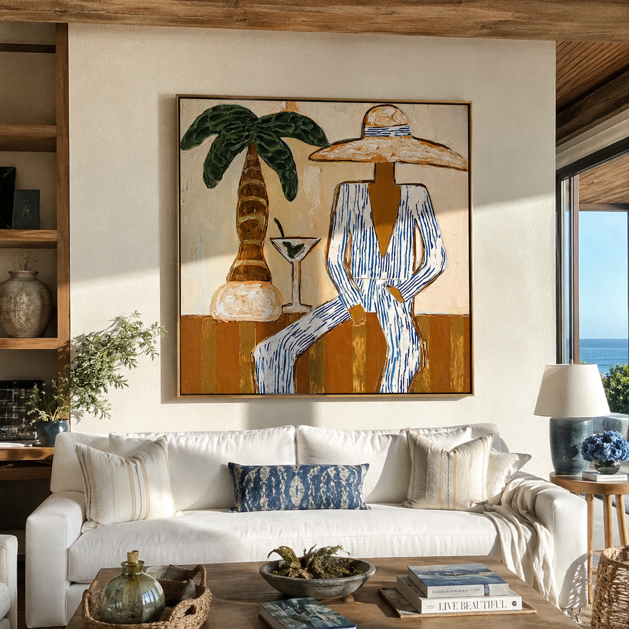 Martini Shade Holds Her Gaze - Striped Resort Woman with Palm painting by Claire Whitmore, modern coastal square wall art – styled room scene view 3