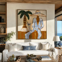Martini Shade Holds Her Gaze - Striped Resort Woman with Palm painting by Claire Whitmore, modern coastal square wall art – styled room scene view 3