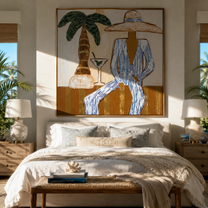Martini Shade Holds Her Gaze - Striped Resort Woman with Palm painting by Claire Whitmore, modern coastal square wall art – styled room scene view 4