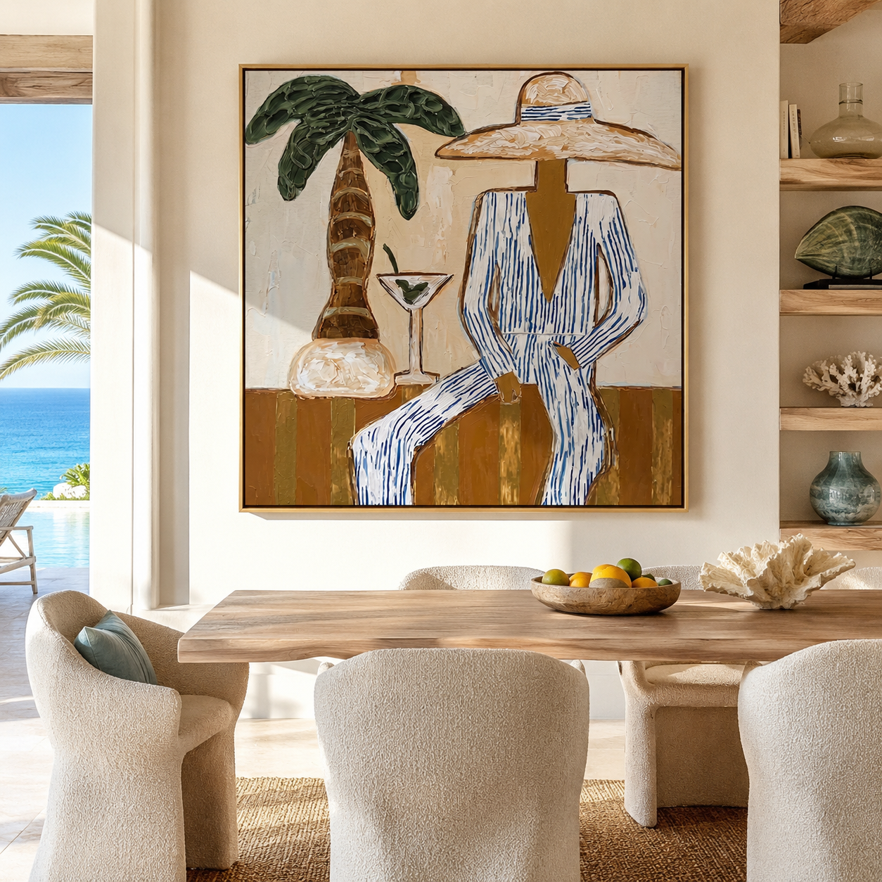 Martini Shade Holds Her Gaze - Striped Resort Woman with Palm painting by Claire Whitmore, modern coastal square wall art – styled room scene view 5