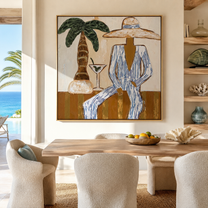 Martini Shade Holds Her Gaze - Striped Resort Woman with Palm painting by Claire Whitmore, modern coastal square wall art – styled room scene view 5