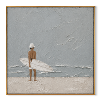 Quiet Surf Finds the Gray Sky - Minimal Surfer on Pale Beach painting by Claire Whitmore, modern coastal square wall art – wood frame on white background