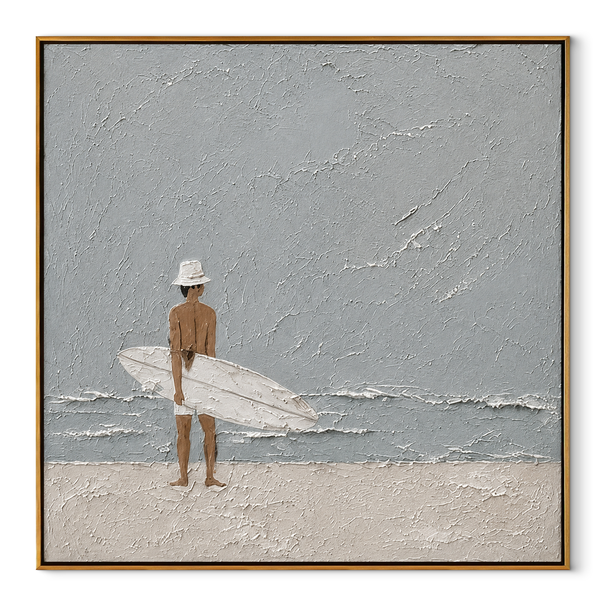 Quiet Surf Finds the Gray Sky - Minimal Surfer on Pale Beach painting by Claire Whitmore, modern coastal square wall art – wood frame on white background