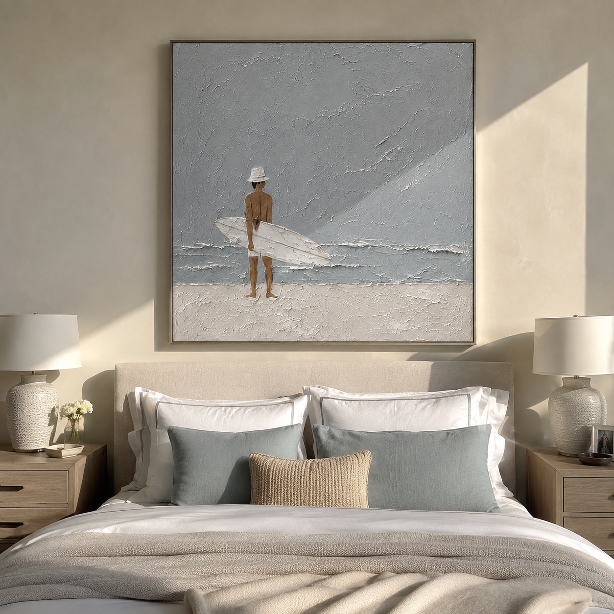 Quiet Surf Finds the Gray Sky - Minimal Surfer on Pale Beach painting by Claire Whitmore, modern coastal square wall art – styled room scene view 4