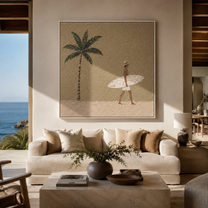 Palm Shadows Follow the Surfer - Walking Surfer under Palm painting by Claire Whitmore, modern coastal square wall art – styled room scene view 1