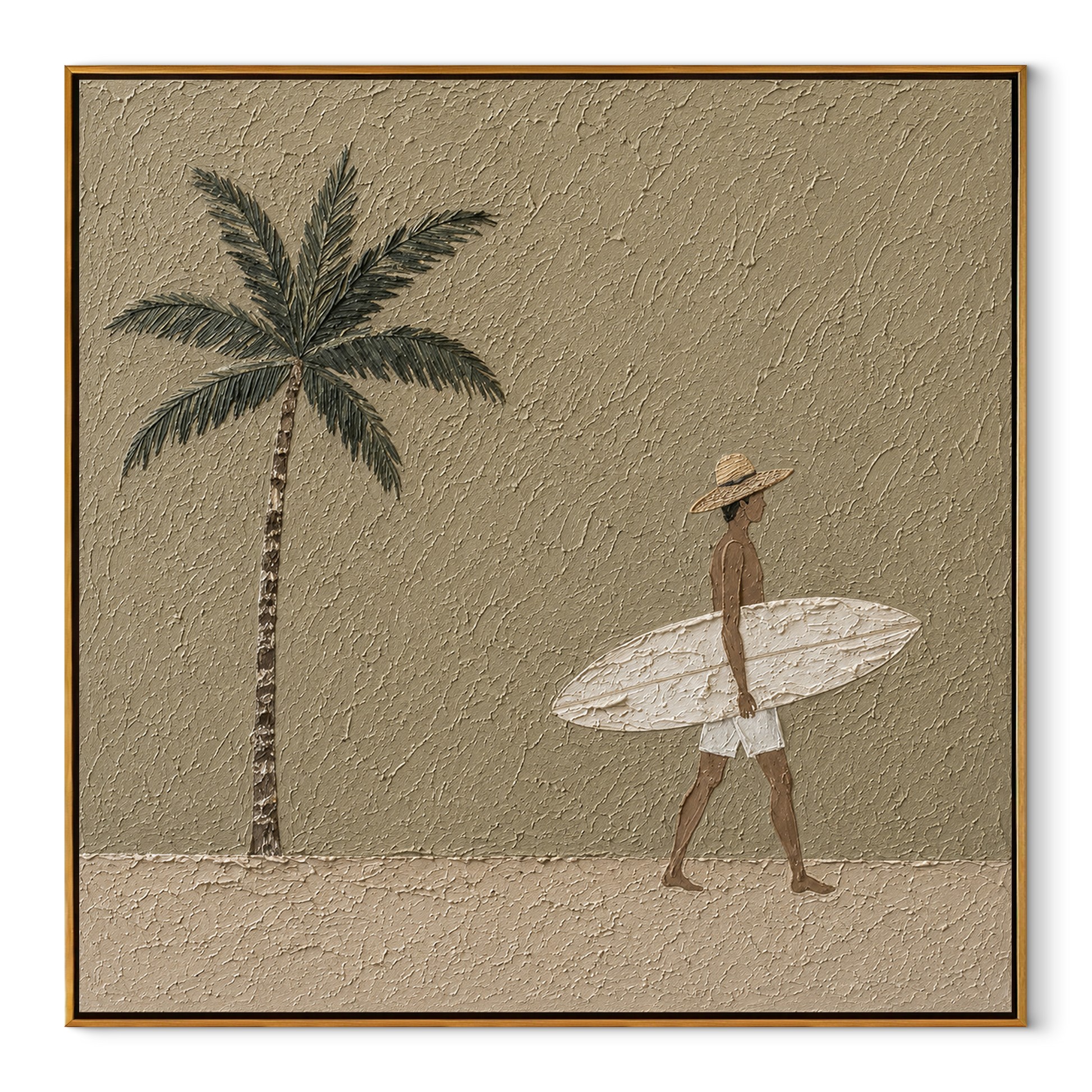 Palm Shadows Follow the Surfer - Walking Surfer under Palm painting by Claire Whitmore, modern coastal square wall art – wood frame on white background