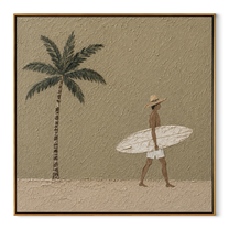 Palm Shadows Follow the Surfer - Walking Surfer under Palm painting by Claire Whitmore, modern coastal square wall art – wood frame on white background