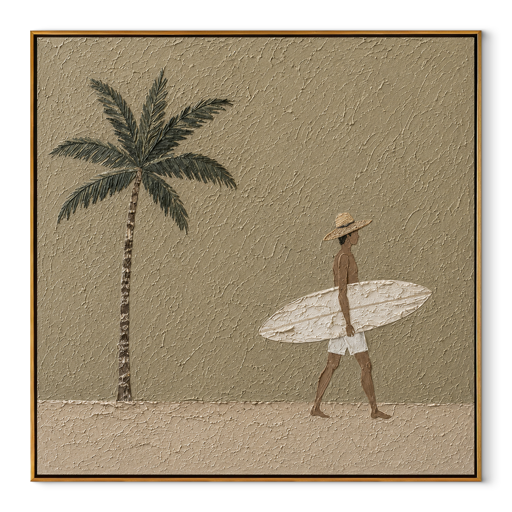 Palm Shadows Follow the Surfer - Walking Surfer under Palm painting by Claire Whitmore, modern coastal square wall art – wood frame on white background