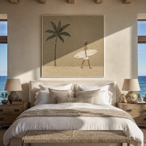 Palm Shadows Follow the Surfer - Walking Surfer under Palm painting by Claire Whitmore, modern coastal square wall art – styled room scene view 2
