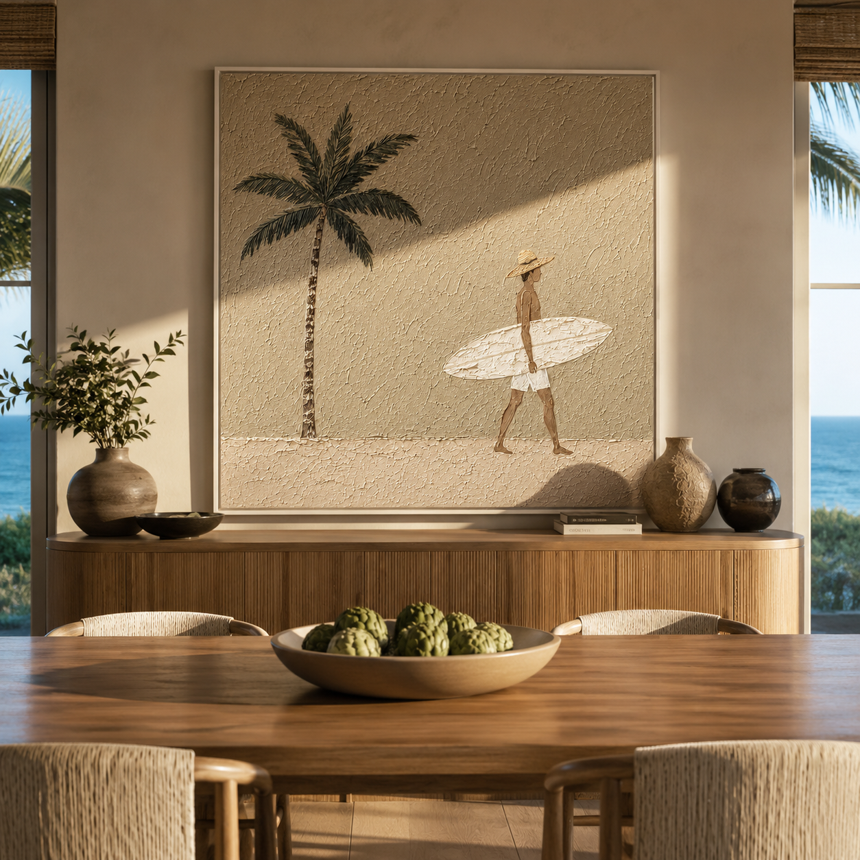 Palm Shadows Follow the Surfer - Walking Surfer under Palm painting by Claire Whitmore, modern coastal square wall art – styled room scene view 3