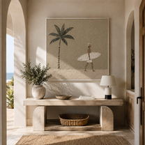 Palm Shadows Follow the Surfer - Walking Surfer under Palm painting by Claire Whitmore, modern coastal square wall art – styled room scene view 4