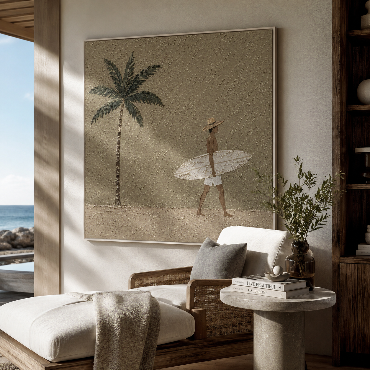 Palm Shadows Follow the Surfer - Walking Surfer under Palm painting by Claire Whitmore, modern coastal square wall art – styled room scene view 5