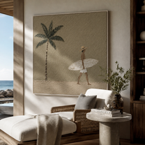 Palm Shadows Follow the Surfer - Walking Surfer under Palm painting by Claire Whitmore, modern coastal square wall art – styled room scene view 5