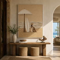 White Umbrella Guards the Tide - Seated Beach Woman and Surfboards painting by Claire Whitmore, modern coastal vertical wall art – styled room scene view 1