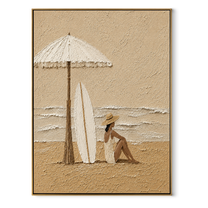 White Umbrella Guards the Tide - Seated Beach Woman and Surfboards painting by Claire Whitmore, modern coastal vertical wall art – wood frame on white background