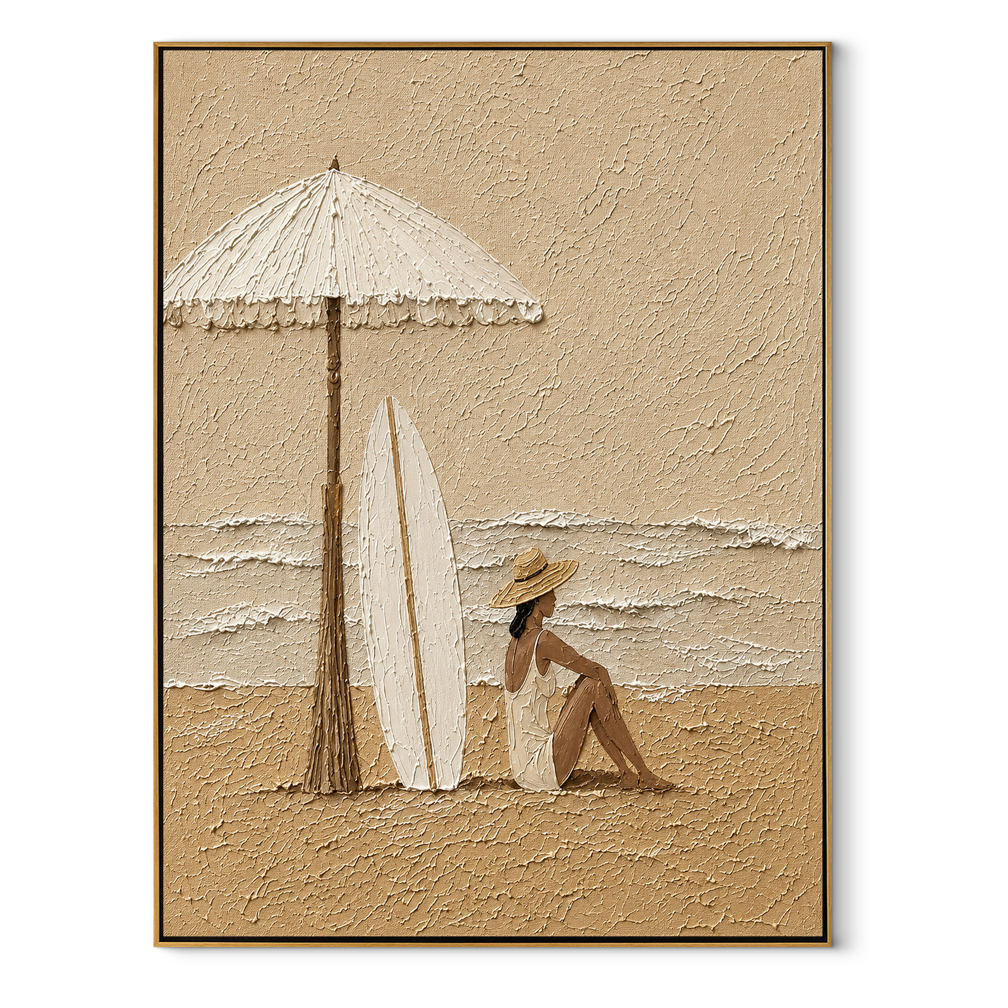 White Umbrella Guards the Tide - Seated Beach Woman and Surfboards painting by Claire Whitmore, modern coastal vertical wall art – wood frame on white background