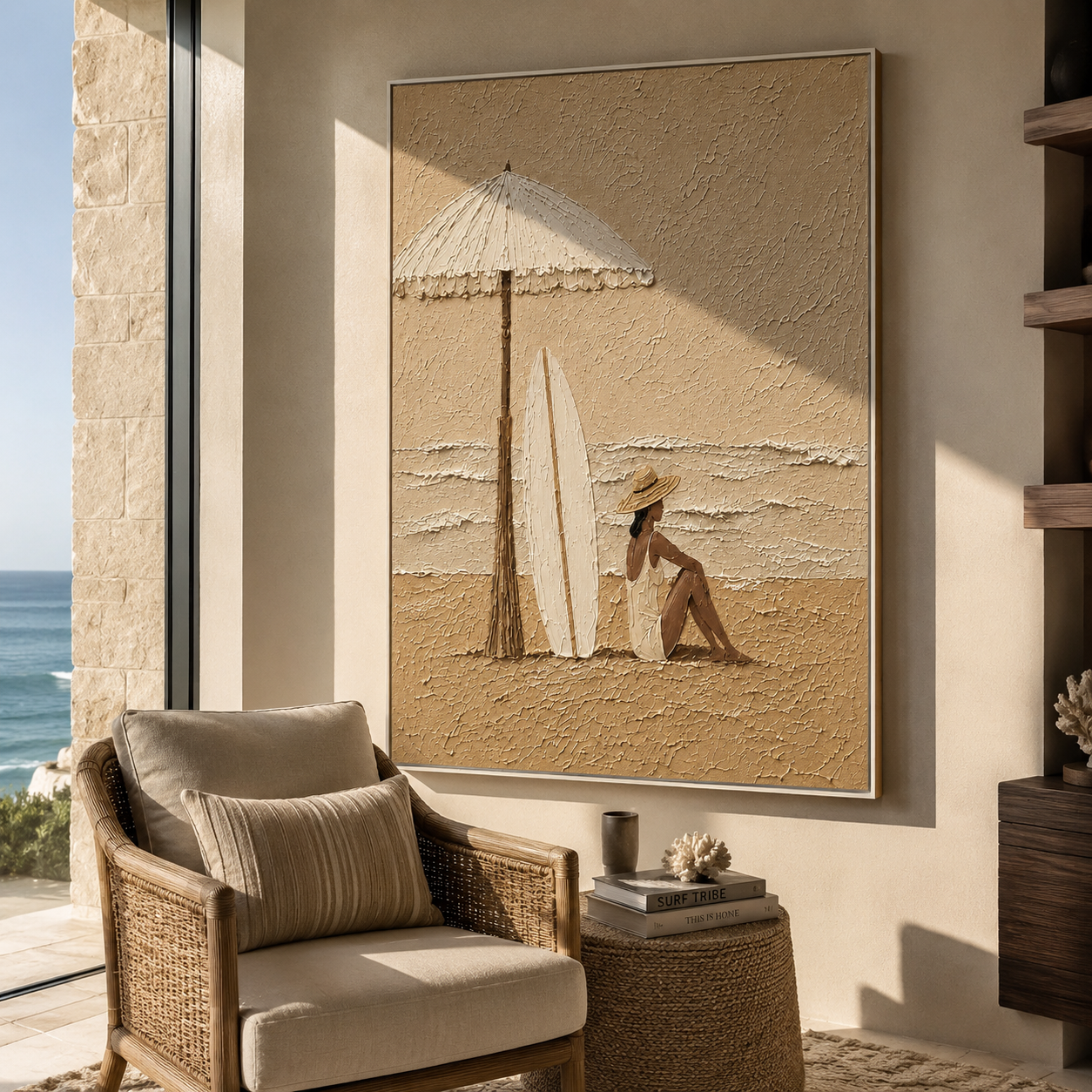 White Umbrella Guards the Tide - Seated Beach Woman and Surfboards painting by Claire Whitmore, modern coastal vertical wall art – styled room scene view 2