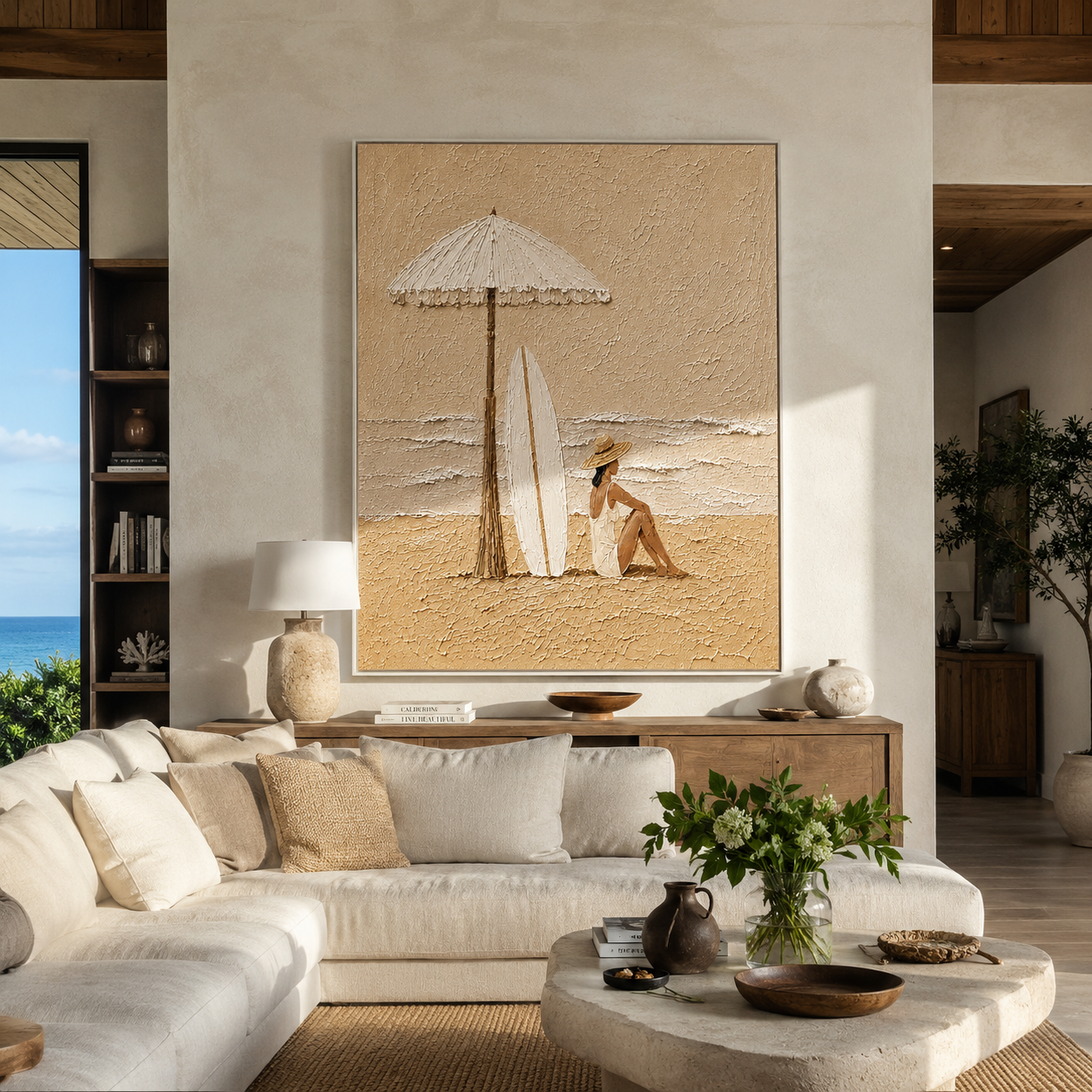 White Umbrella Guards the Tide - Seated Beach Woman and Surfboards painting by Claire Whitmore, modern coastal vertical wall art – styled room scene view 3