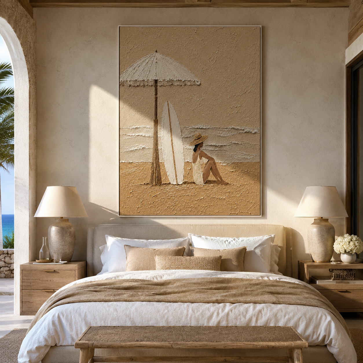 White Umbrella Guards the Tide - Seated Beach Woman and Surfboards painting by Claire Whitmore, modern coastal vertical wall art – styled room scene view 4